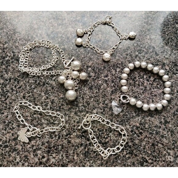 Bracelet Lot Of 5 Pieces Silver Tone Beaded Charms Chain Butterfly - Picture 1 of 8